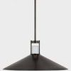 Side profile highlighting pendant’s sharply tapered bronze shade and suspended stem from ceiling mount