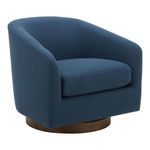 Three-quarter side view showing curved armrest and deep blue woven upholstery of Oscy Swivel Chair