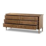Side angle with drawers open showing storage depth and smooth wood interiors