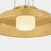 Brass Woodrow Pendant with large shiny reflector and opal shade hanging from three chains