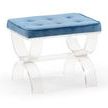 Clear acrylic bench with curved legs and a blue velvet tufted cushion