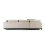 Back view detail highlighting separated cushion backrest and black iron legs