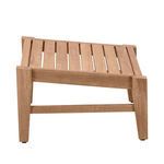 Side view of teak ottoman frame without cushion, showing slat angle and leg design
