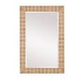Rectangular mirror with stacked natural travertine tiles in dark and light pattern and central brass inlay
