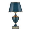 Travelogue Navy Cordless Table Lamp with gold trim and scalloped shade on a square base
