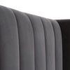 Detailed close-up of vertical channel tufted headboard in dark dove velvet fabric