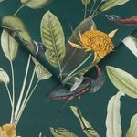 Wallpaper with green background featuring detailed botanical leaves and exotic birds in yellow and brown tones