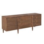 Briar Teak Dresser with clear coat satin finish showcasing rich wood grain and six drawers on tapered legs