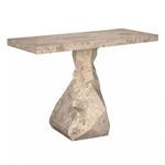 Tilden Console angled view highlighting geometric sculpted stone base and thick tabletop edges