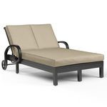 Monterey Double Chaise with espresso aluminum frame, curled arms, cross back detail, and beige cushions for two