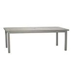 Rectangular outdoor dining table with classic aluminum slatted top and straight square legs in a light gray finish