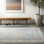 Lila Denim/Seafoam rug laid flat in a minimalist room setting with bench and potted tree