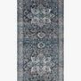 Full view of narrow runner rug showing elongated pattern in shades of grey, blue, and beige