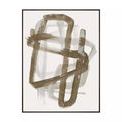 Abstract modern painting with intertwining broad taupe and gray brushstrokes on white background, framed