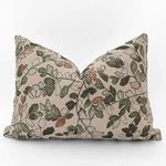 Rectangular pillow showing front view of the same leafy stem pattern in linen with dusty rose and cypress tones