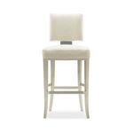 Chic bar stool with soft neutral upholstery, floating square back with Lightly Brushed Chrome support, framed in Soft Silv...