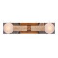 Horizontal view of Beatrix Bath Wall Sconce with travertine column and two textured art glass globes