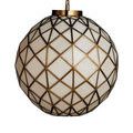 Polyhedron Pendant suspended from chain with white and brass details visible on plain background
