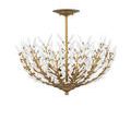 Semi-flush mount light fixture showing downward view of bowl-shaped array of white glass leaves
