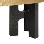 Close-up view of one black textured pedestal base showing wood grain and arch cut-out design