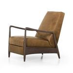 Detailed view of dark wood tapered legs supporting the olive leather recliner