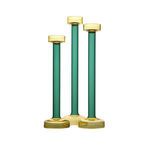 Set of three unlit candle holders of varying heights with green stems and yellow bases on white background