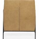 Back view showing smooth leather upholstery and central vertical stitching on black metal frame