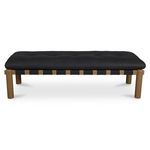 Costello Bench with solid oak rounded legs and black tufted leather seat wrapped in strap detailing