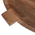 Extreme close-up of handle on smaller wooden bowl showing smooth polished finish and wood patterns