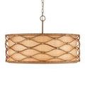 Straight-on view of pendant highlighting even spacing of rattan pattern over diffuser