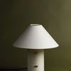 Side profile of lamp with visible twisted power cord on olive green background