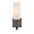 Bryce Bath Wall Sconce centered with soft white shade lit showing square wall mount