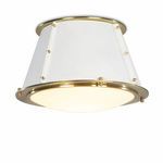 cone-shaped ceiling light with white shade and natural brass accents in flush mount style