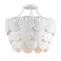 Front view of Tulum chandelier showing curved white metal frame and layered circular plates