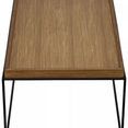 End-on view focusing on rectangular teak tabletop with raised edges and minimalist metal base