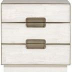 Splendor Nightstand in Sea Salt with three spacious drawers and brass campaign-style recessed handles