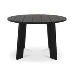 Round black outdoor dining table viewed front-on highlighting vertical slats on table top