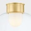 Close-up of aged brass canopy and frosted opal diffuser inside clear glass bowl of Lakeside Flush Mount