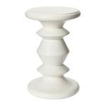 Turned wood end table in white walnut finish with bold geometric sculptural silhouette and compact size