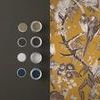 Close-up view of paint samples on dark wall next to Perrow Wallpaper corner