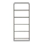 front view of gunmetal frame with five clear tempered glass shelves