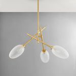 Six-light chandelier with aged brass arms and frosted glass shades angled in three directions