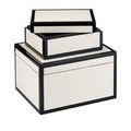 Smaller box lid set upside down on larger box to show interior and exterior contrast