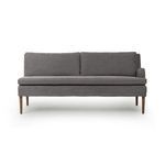 Aurelia Dining Banquette in Broadway Denim fabric with solid oak legs in amber oak finish, featuring clean modern silhouette