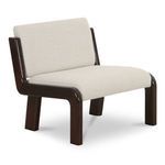 Three-quarter left side angle emphasizing upholstered seat depth and dark wood frame contrast