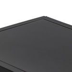 Close-up side view of door hinge attached to frame with black finish