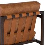 Back view highlighting leather straps securing cushion to the dark wood frame