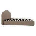 Side view of Maggie Storage Bed without mattress showing wooden slat base and upholstery texture