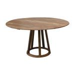 Round dining table made from sustainable mango wood with a circular top and open-base frame