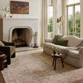 Clarisse rug styled in a living room setting under a sofa and chairs near fireplace and large windows